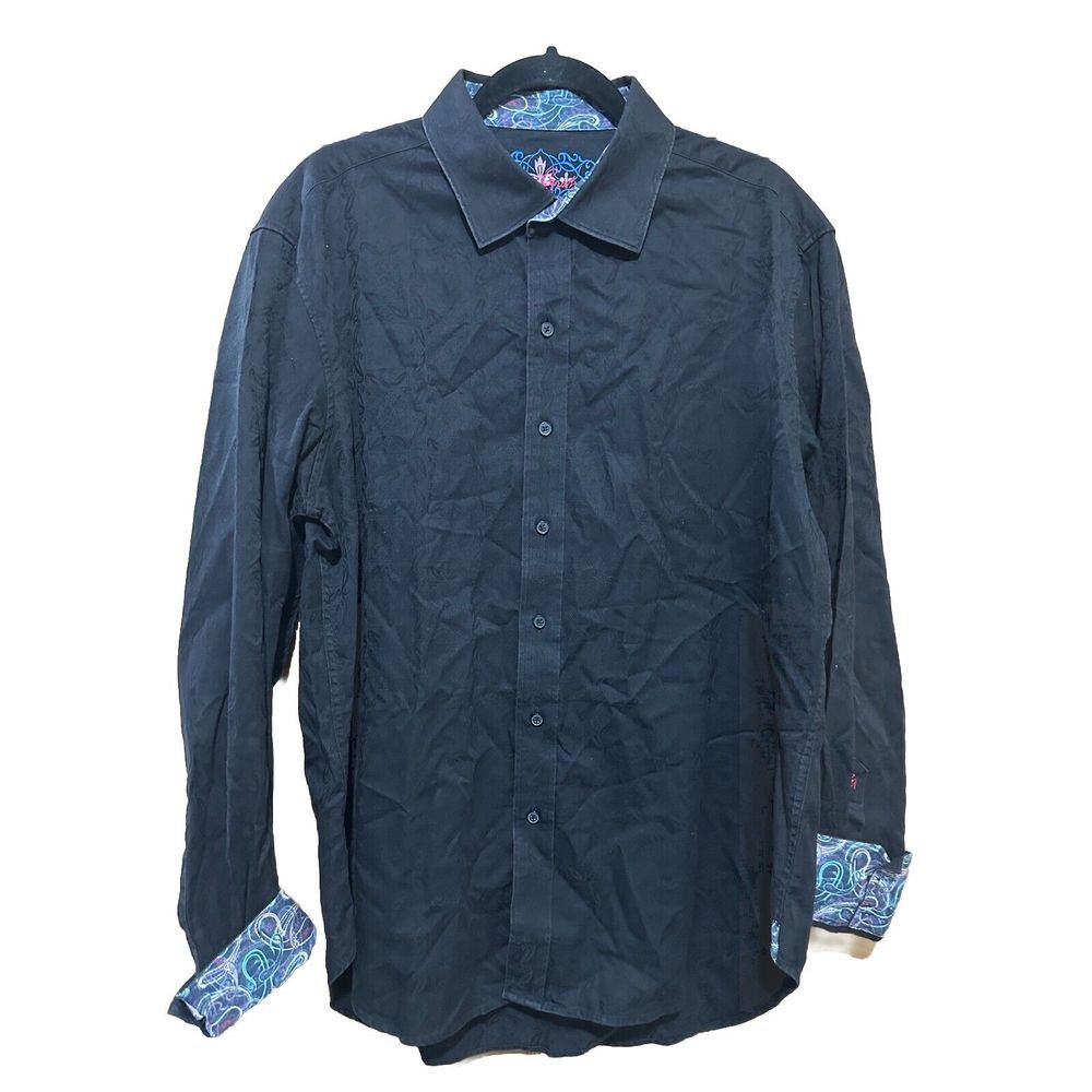 Robert Graham Black On Black Paisley Pattern Flip Cuff Collar Tailored Fit XL